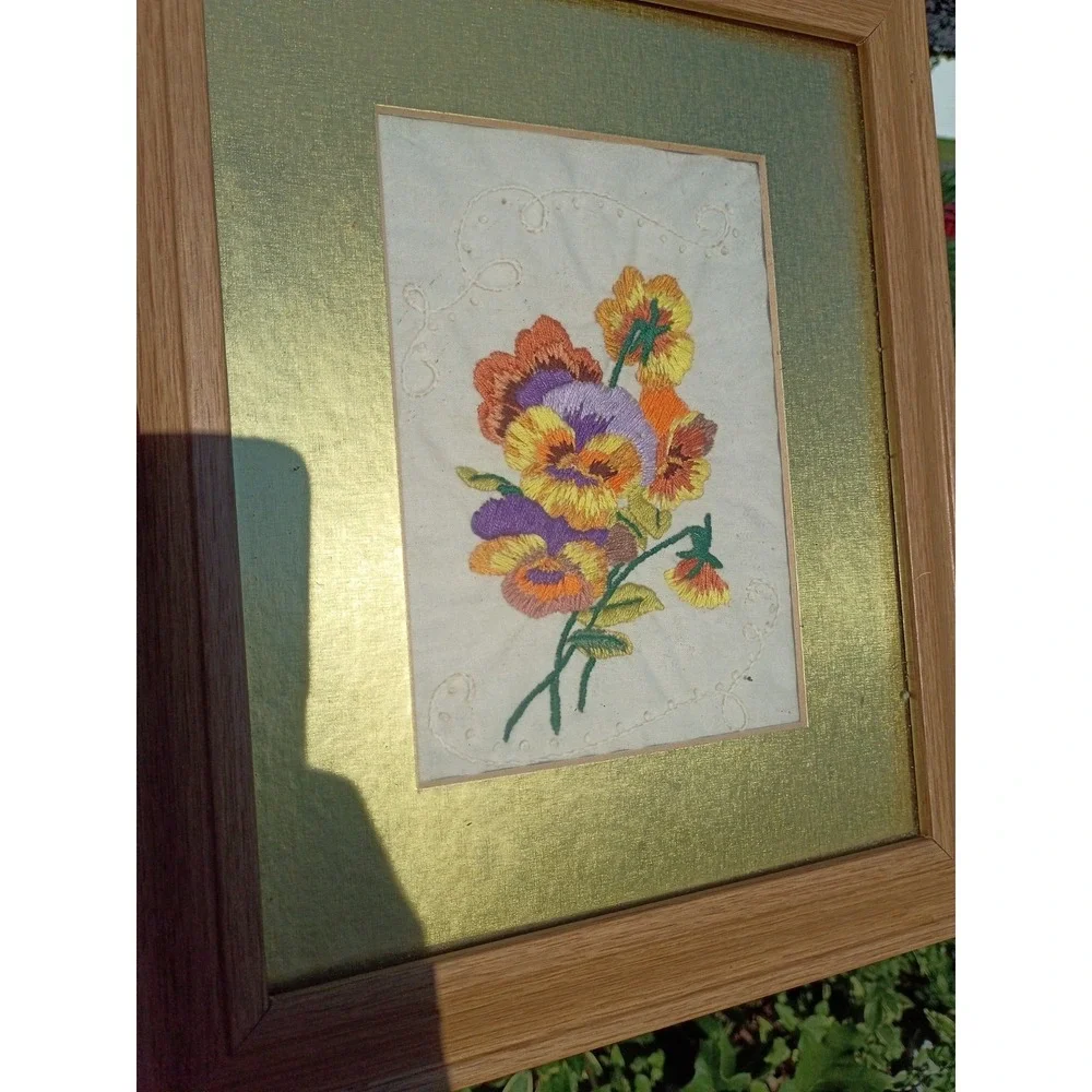 Framed Dolie, Hanky Needlepoint Pansies Flower Wood Framed 12x11 Cottage Core